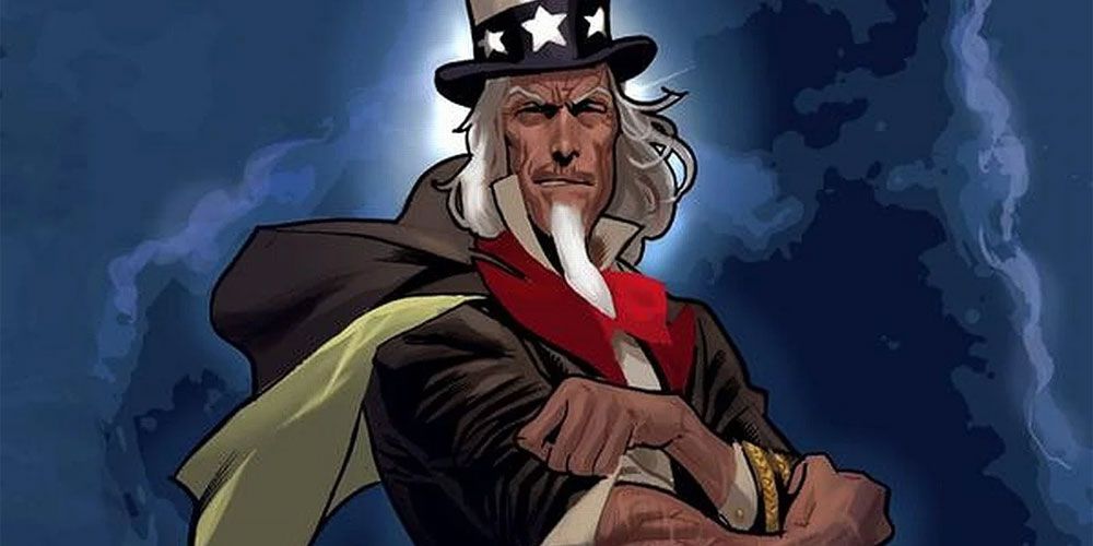 Uncle Sam standing in front of clouds