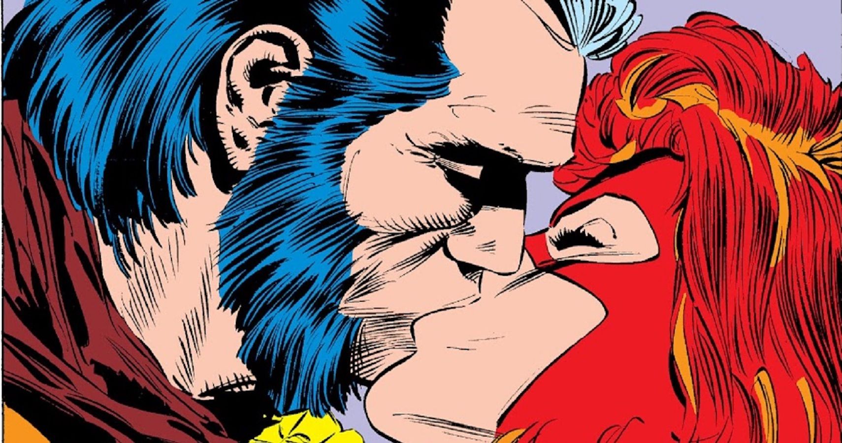 Wolverine passionately kissing Jean Grey while she's in her X-Factor uniform in Marvel Comics