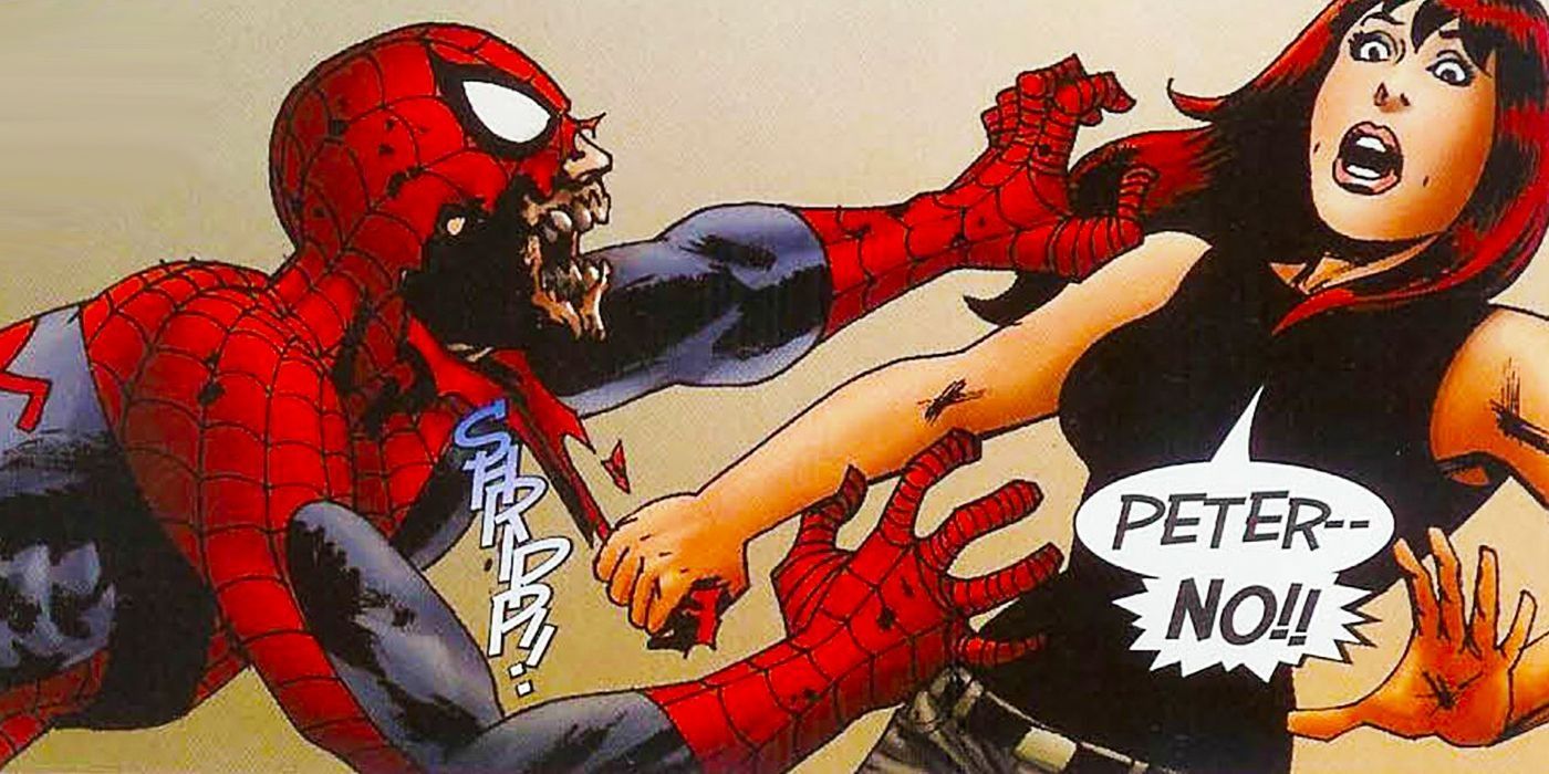 Spider-Man from Marvel Zombies attacking Mary Jane.