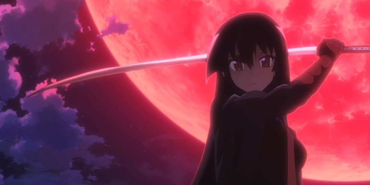 Akame using her Murasame in front of a red full moon in Akame Ga Kill!