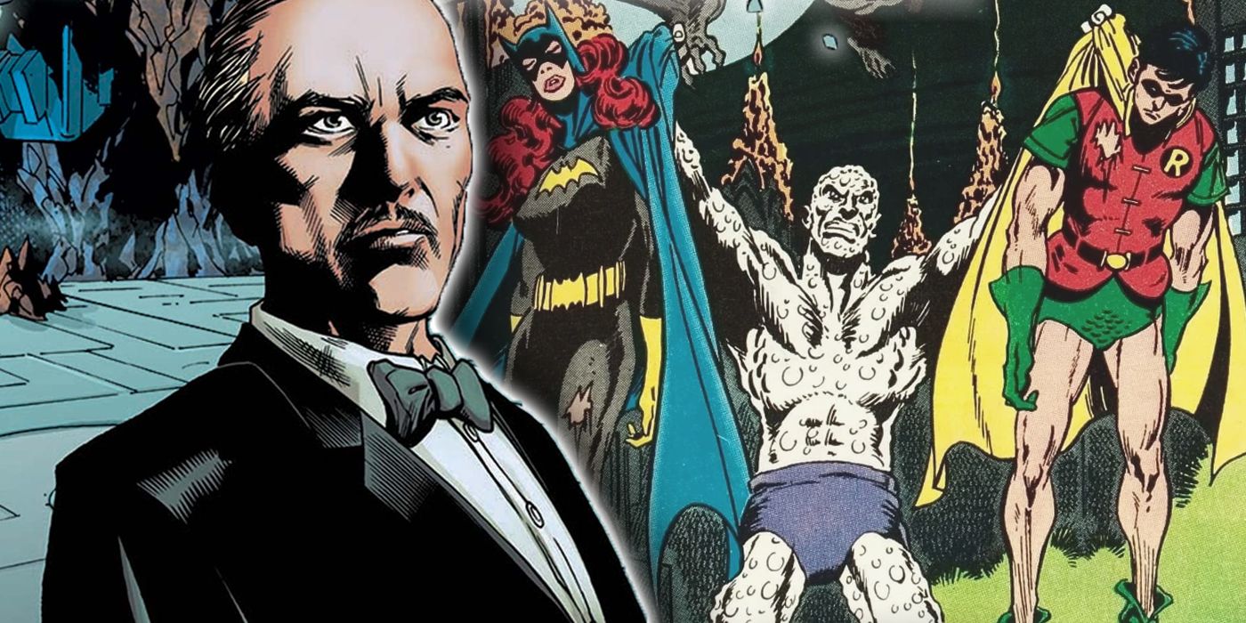 A composite image of Alfred Pennyworth and his supervillain alter ego The Outsider in DC Comics