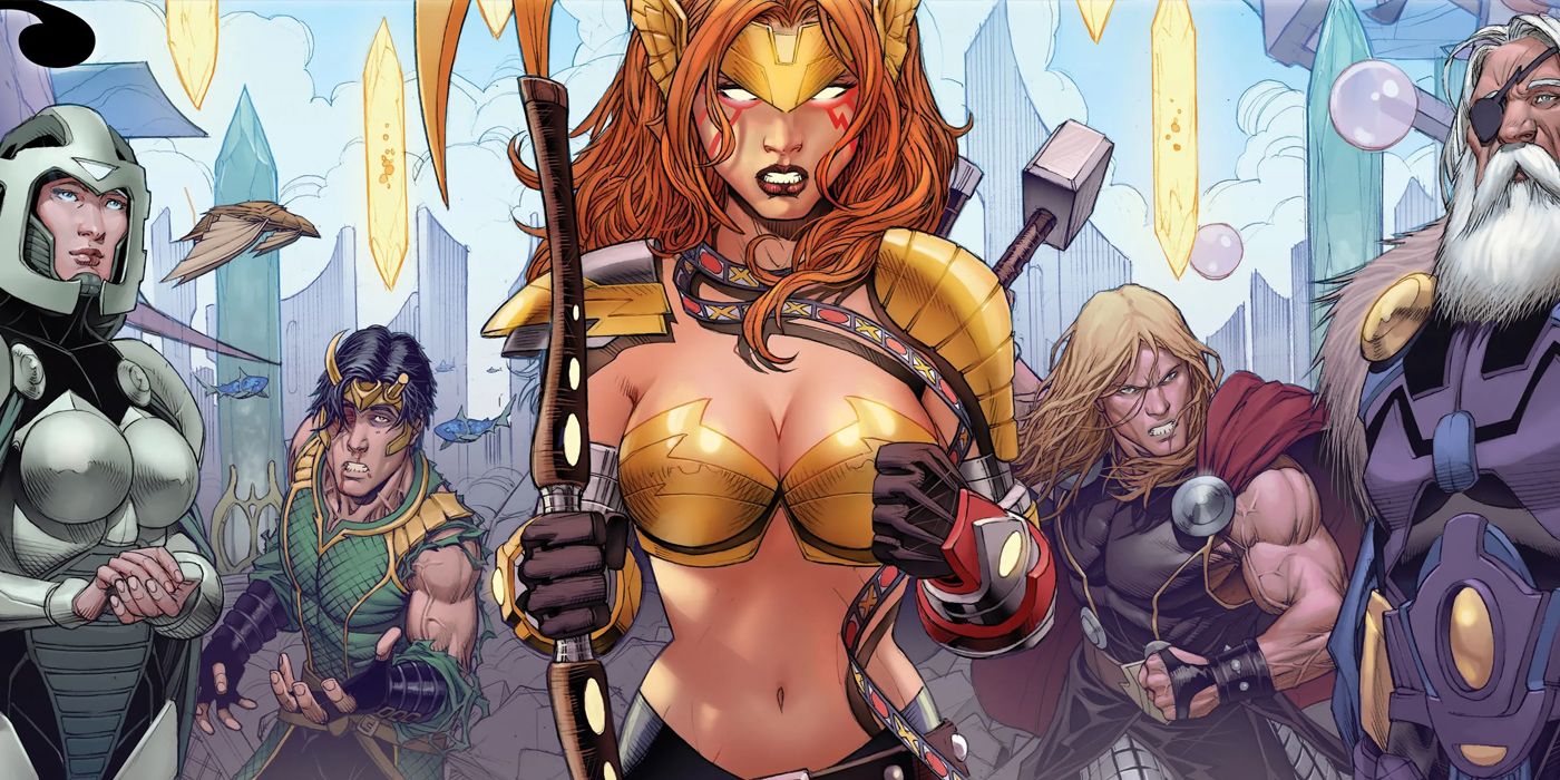 Angela with Thor and Loki behind her