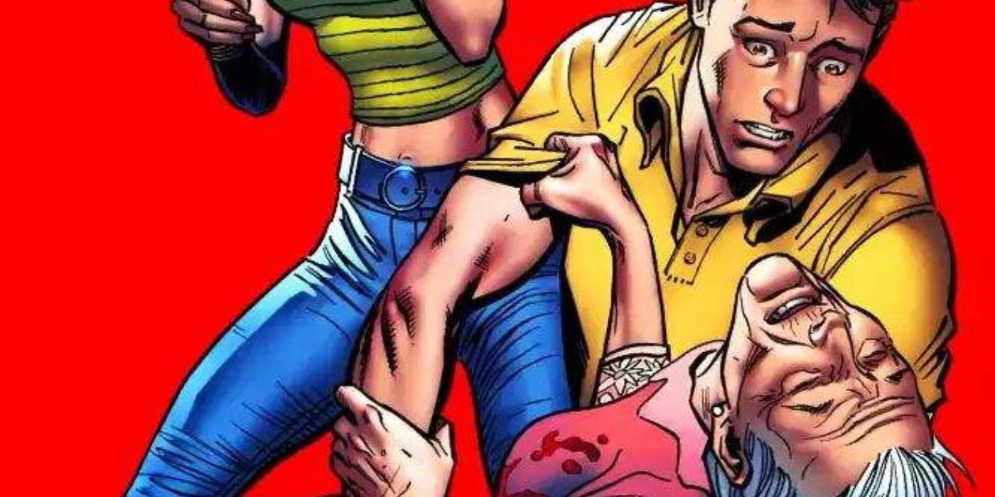 Peter Parker holds Aunt May after her gun shot wound in Marvel comics