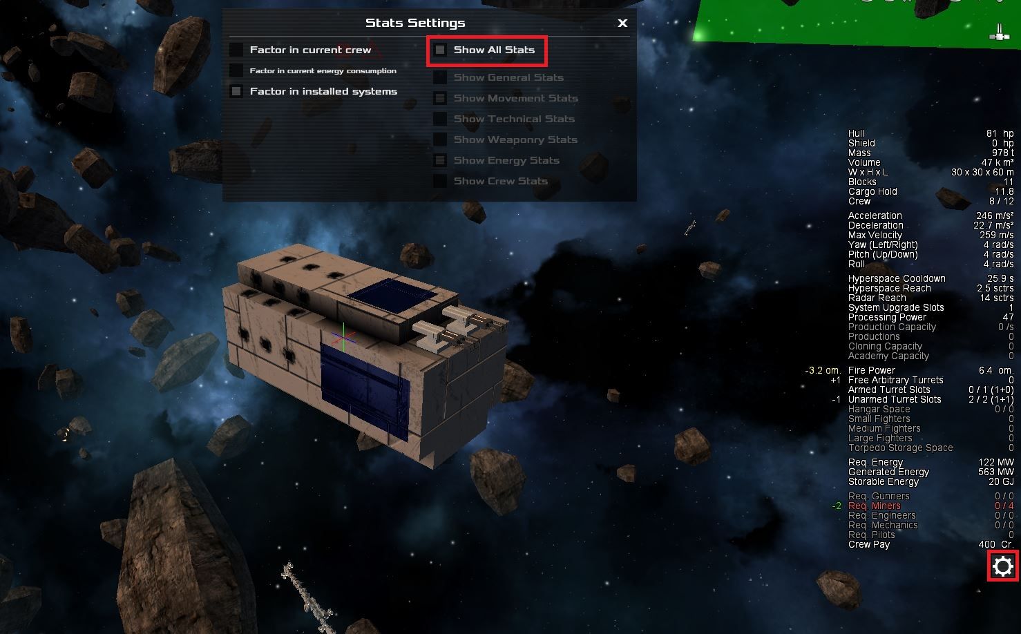 A very basic starter ship. The gear icon that helps you see various stats is outlined in red, as is the &quot;See All Stats&quot; option.