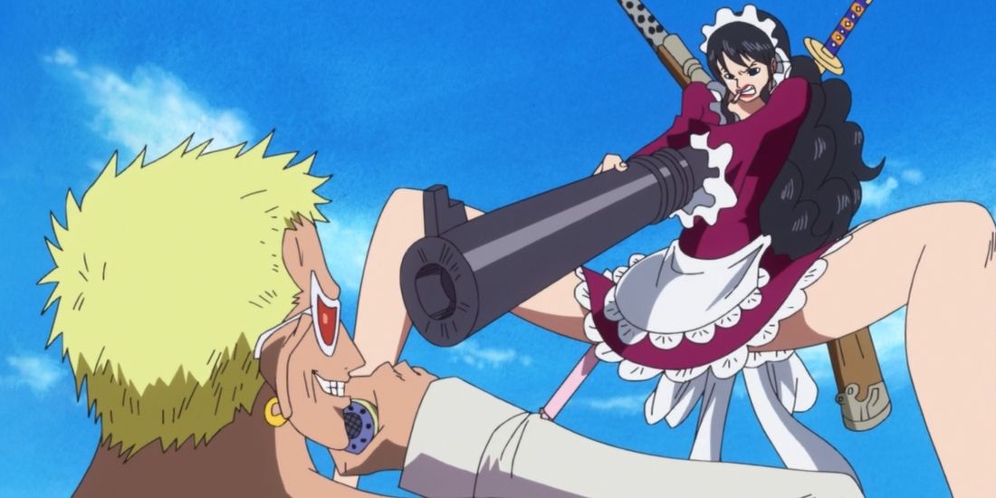 Baby 5 Turning Her Arm Into A Long Rifle To Shoot Doflamingo in One Piece
