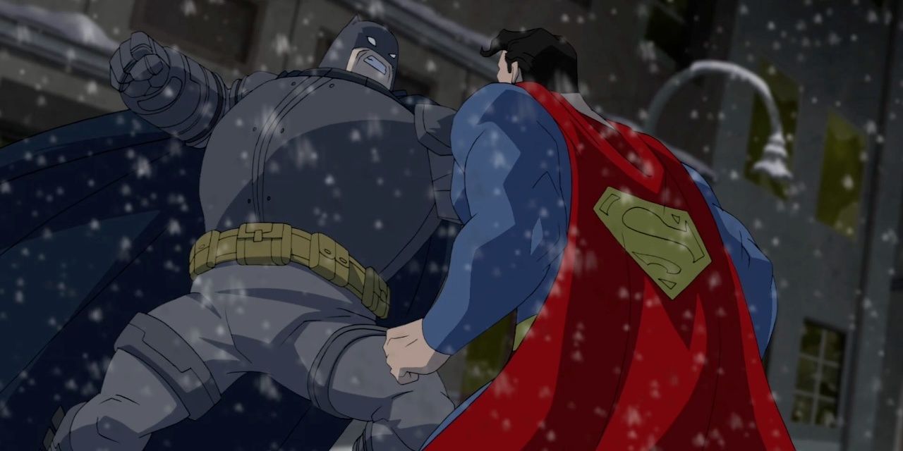 Batman and Superman fighting in The Dark Knight Returns.