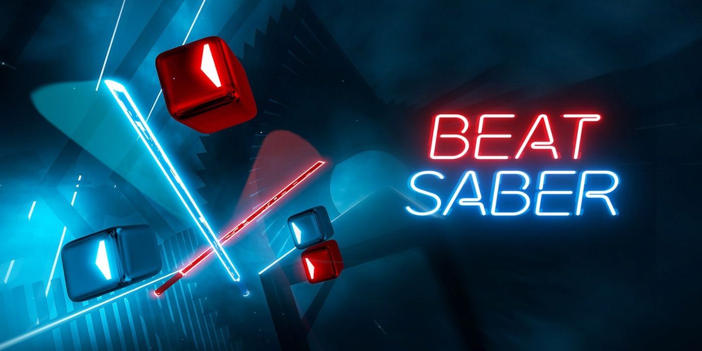 Beat Saber glowing boxes and light sabers floating in space