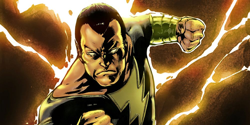 Black Adam prepares a punch with lightning in the background