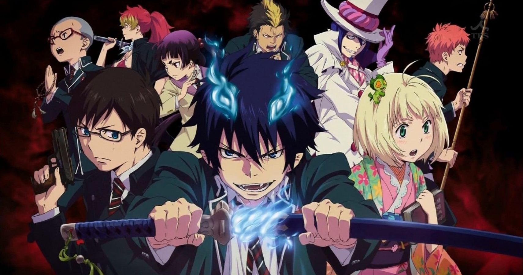 The main cast of the Blue Exorcist anime, with main character Rin Okumura unsheathing a sword.