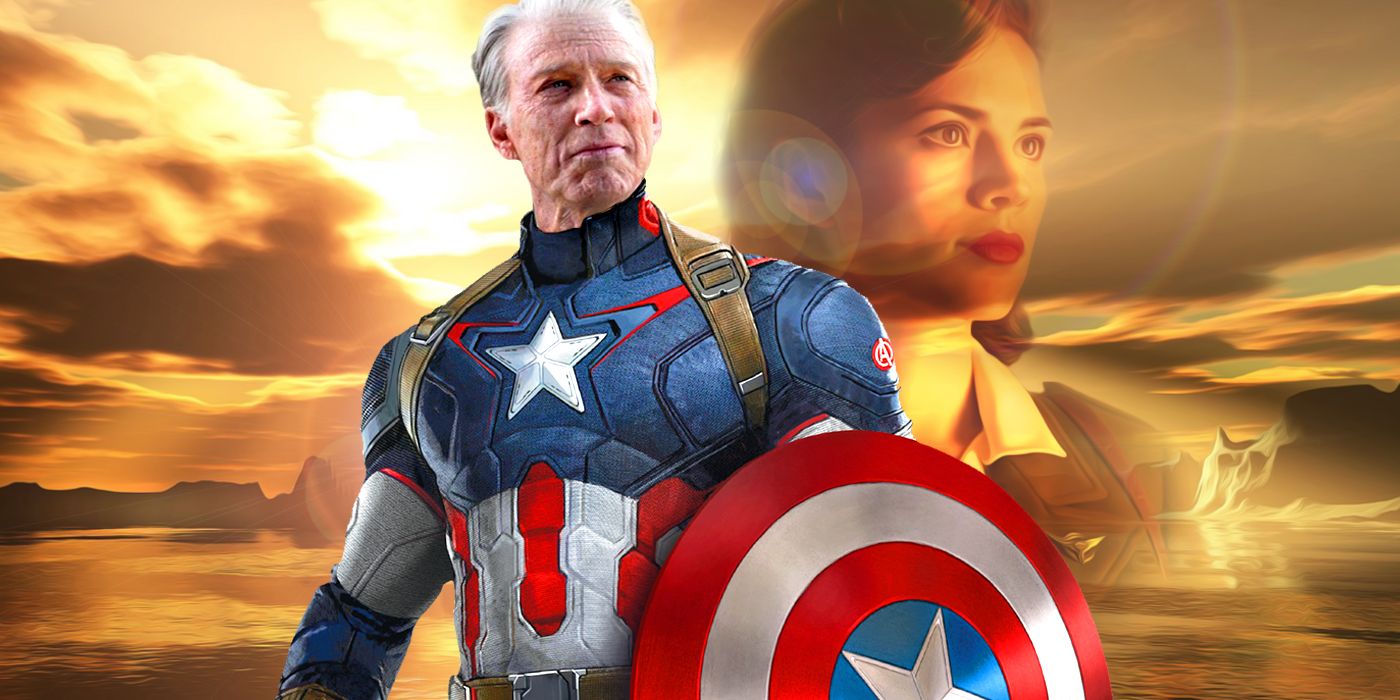 Captain America as an old man with translucent Peggy Carter in the background