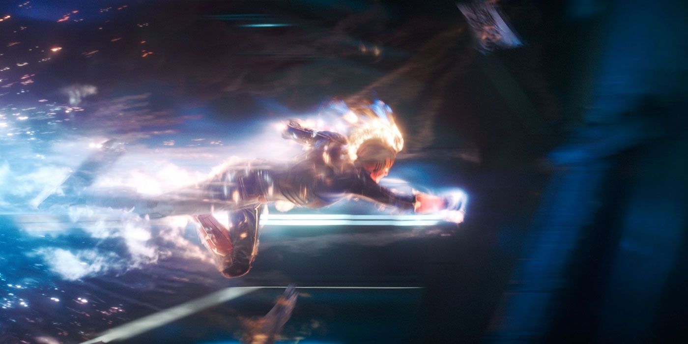 Captain Marvel flying through space