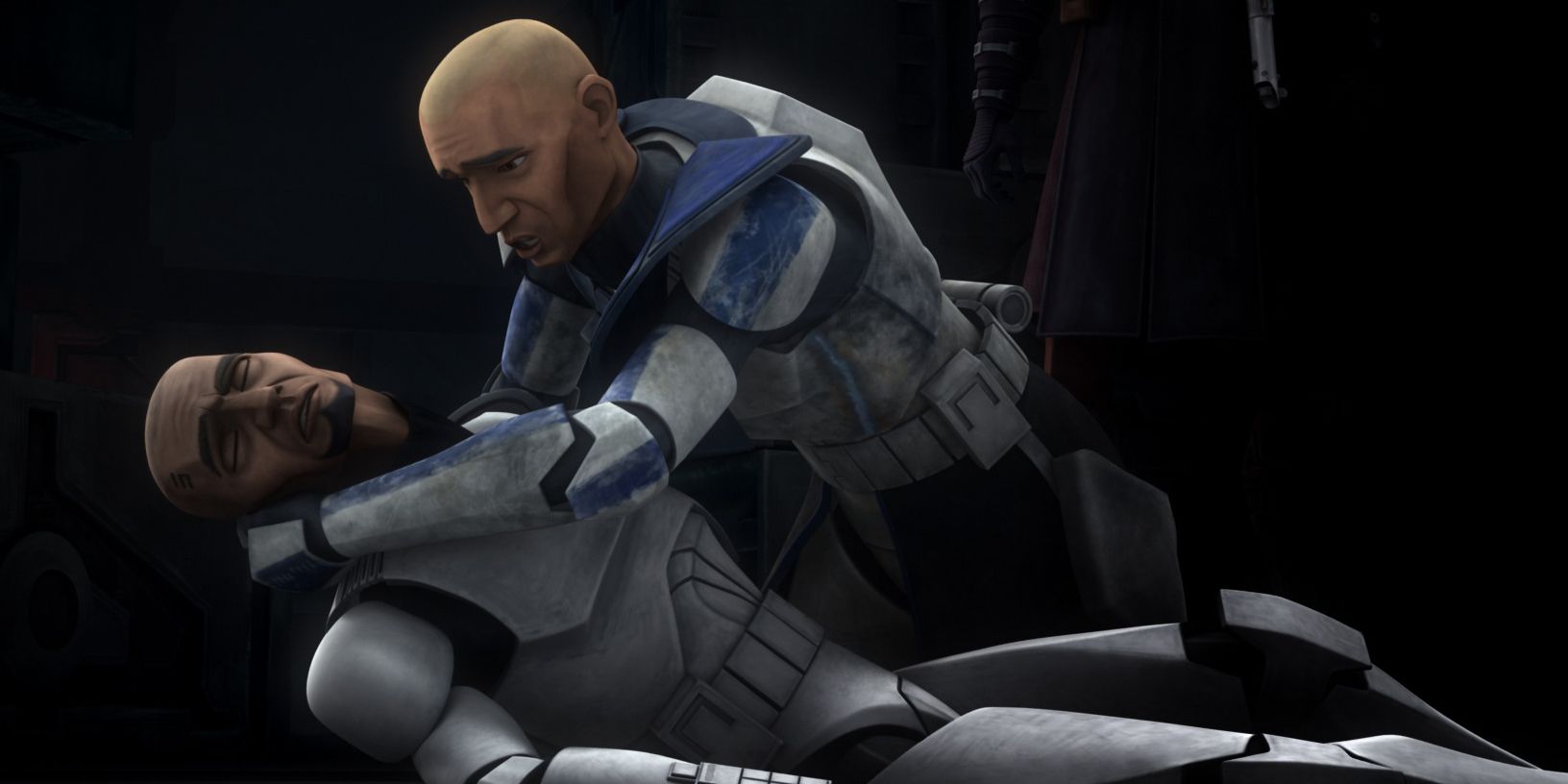 Clonetrooper Fives dying while being held in Rex's arms.