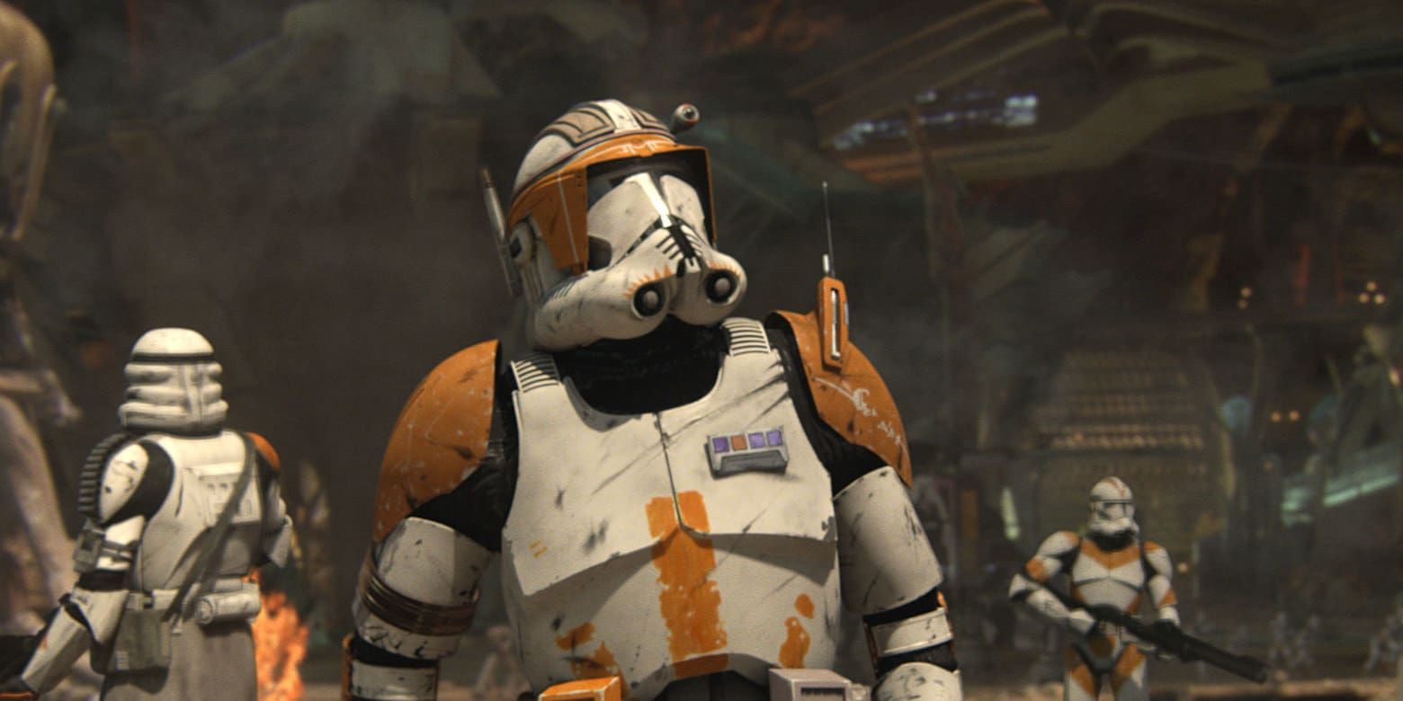 An image of clone trooper Cody checking his surroundings in Star Wars