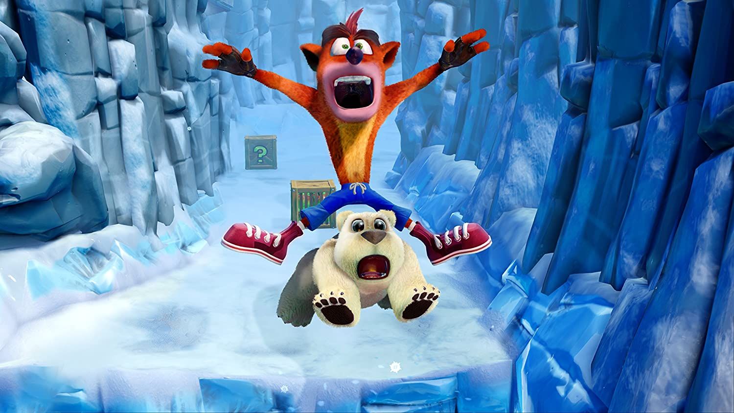 Crash Bandicoot monta um urso polar.