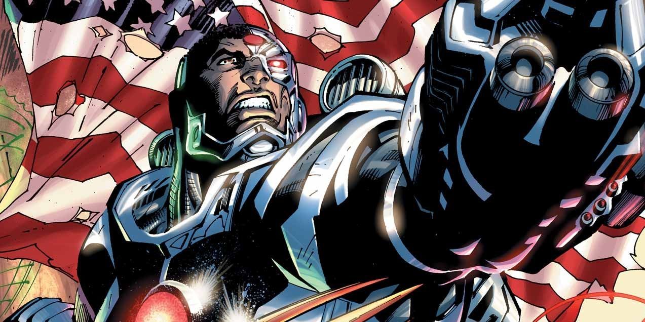 Cyborg stands in front of an American flag