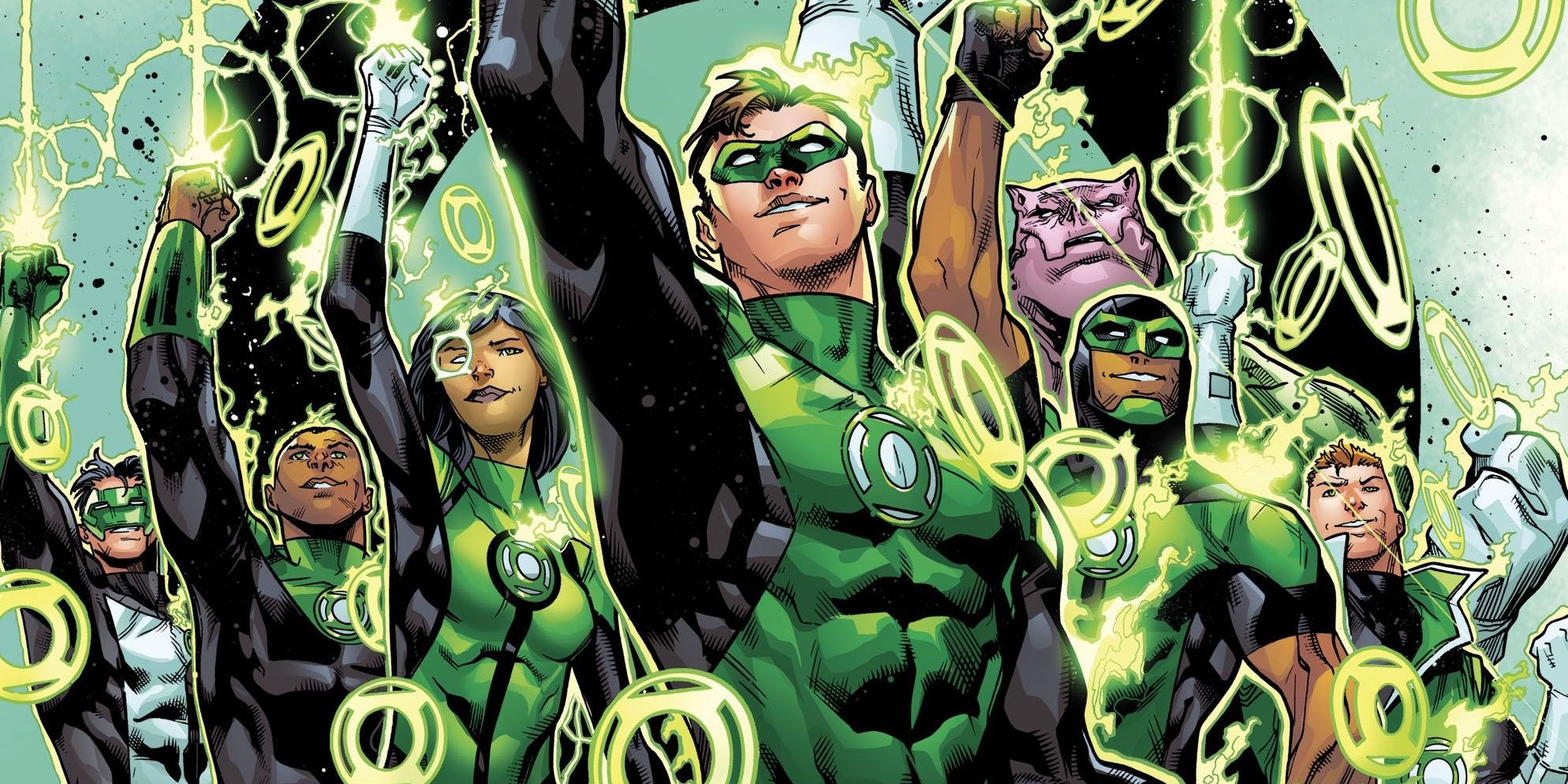 Green Lanterns Kyle Rayner, John Stewart, Jessica Cruz, Hal Jordan, Simon Baz, Kilowog, and Guy Gardner from DC Comics