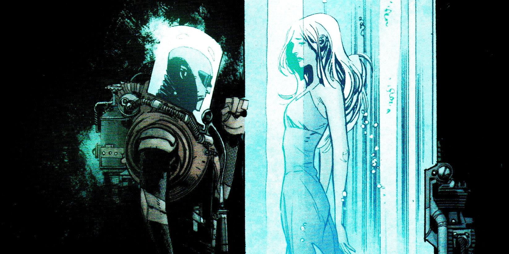 DC Comics' Mr. Freeze looks at Nora in her frozen tube.