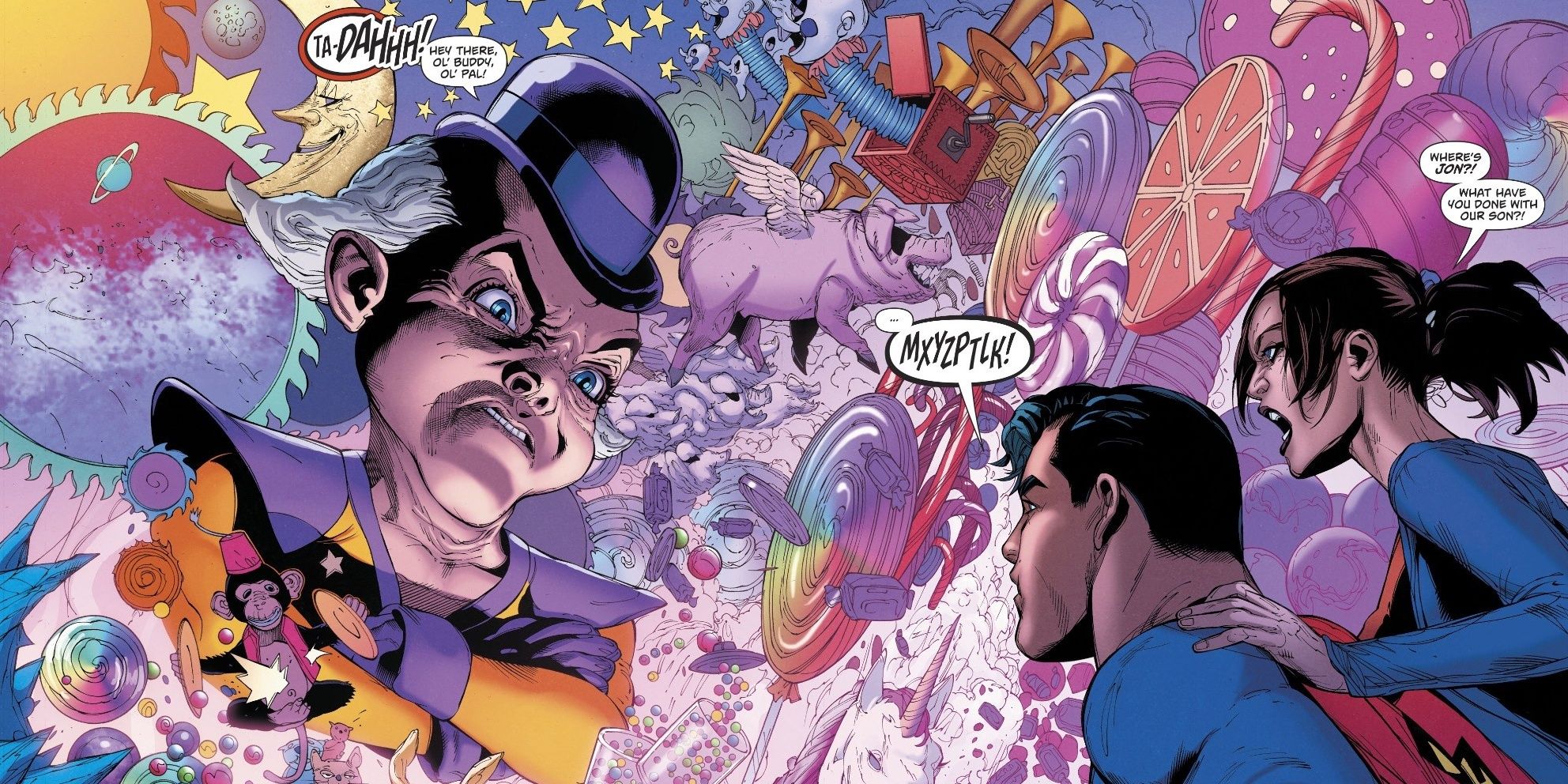 Mxyzptlk confronts Superman in a psychedelic landscape in DC Comics