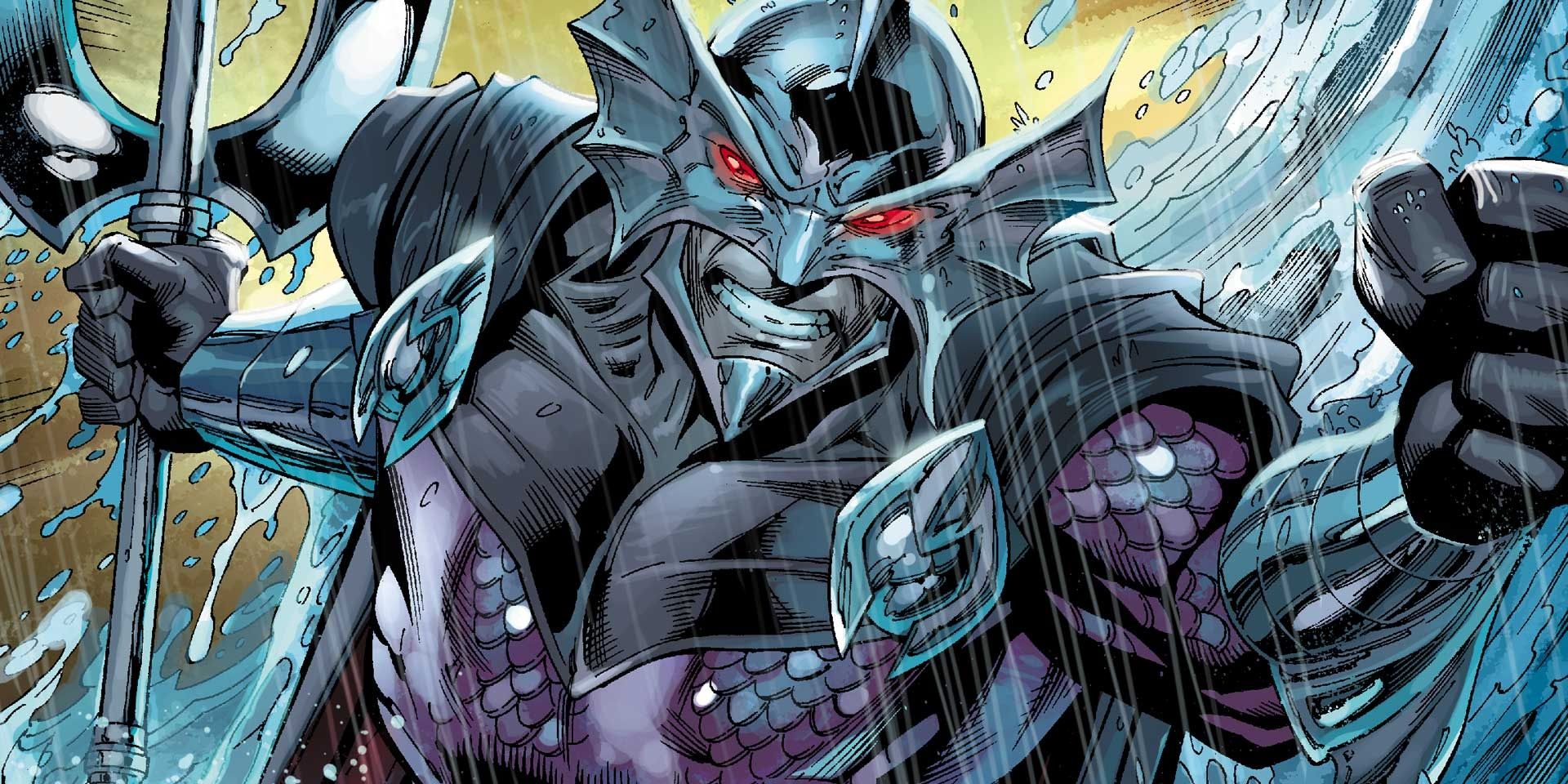DC Comics' Ocean Master grimacing while holding his trident