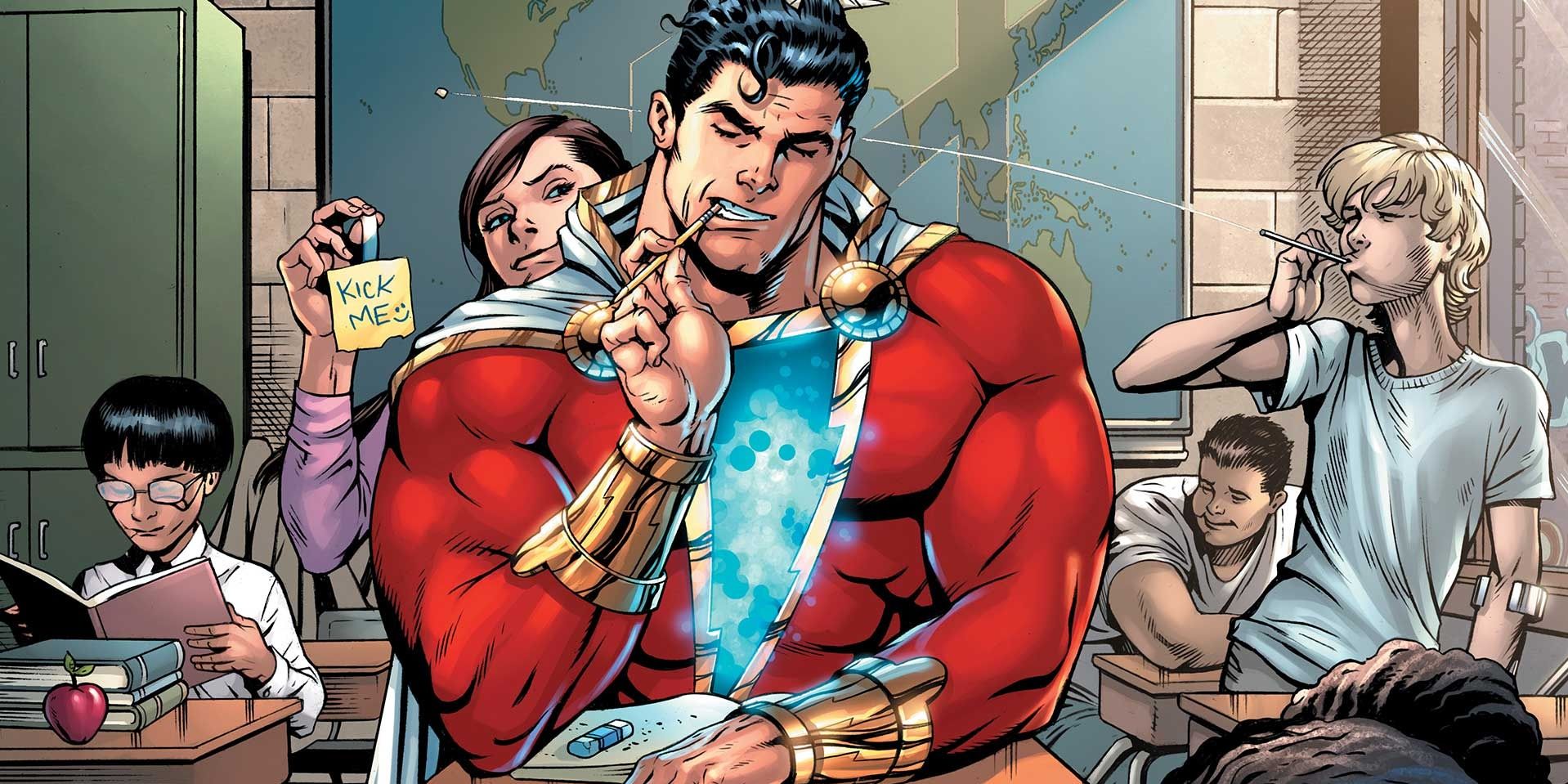 DC's Shazam in his adult form sitting at a school desk, picking his teeth with a toothpick.