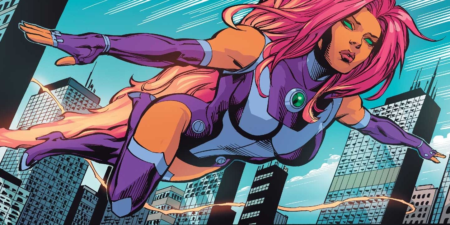 Starfire from DC Comics flying through a city.