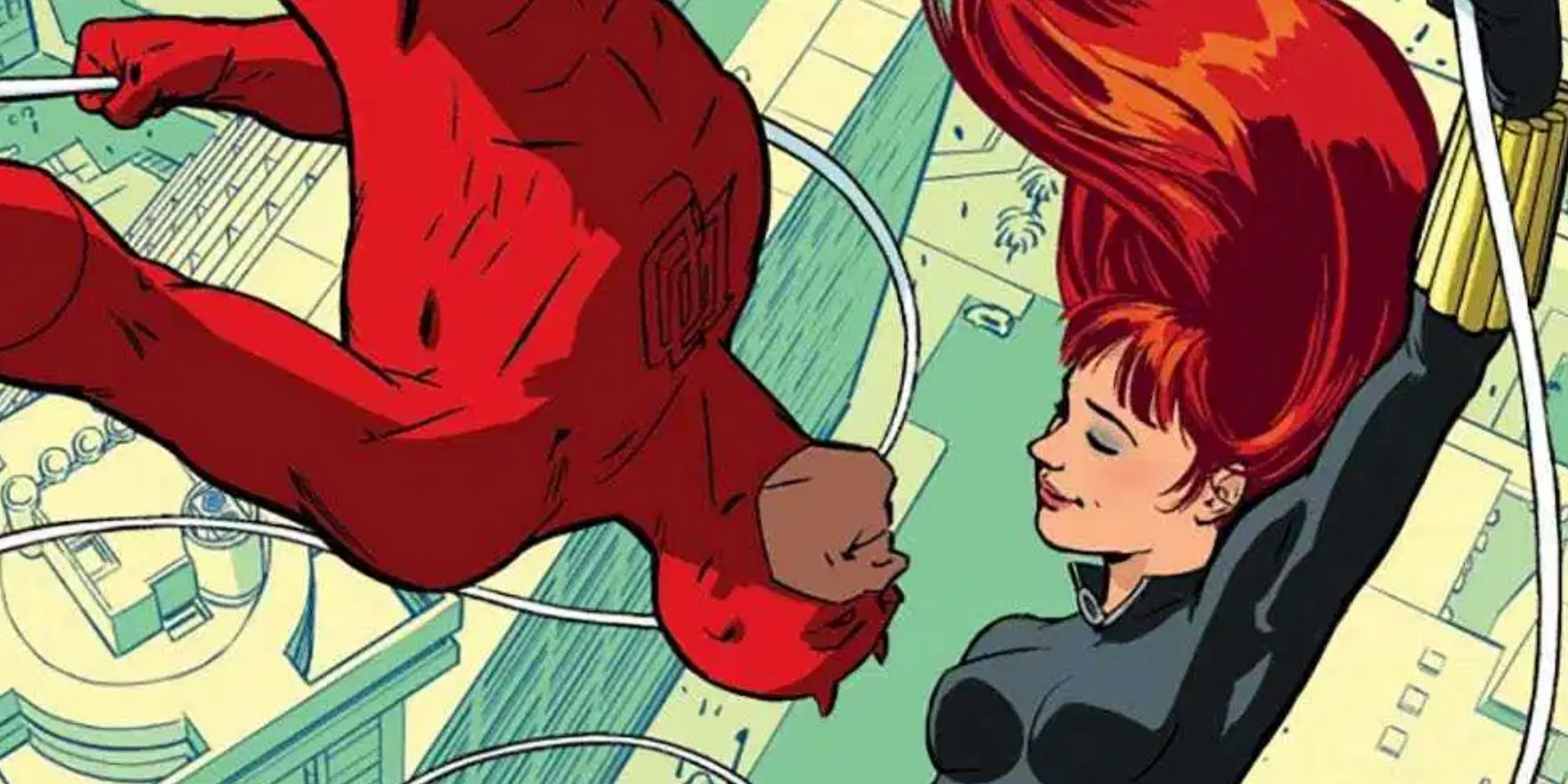 Daredevil and Black Widow swing over the city in Marvel Comics