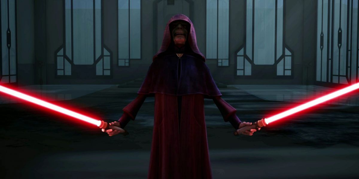 Darth Sidious wielding his red lightsabers in The Clone Wars