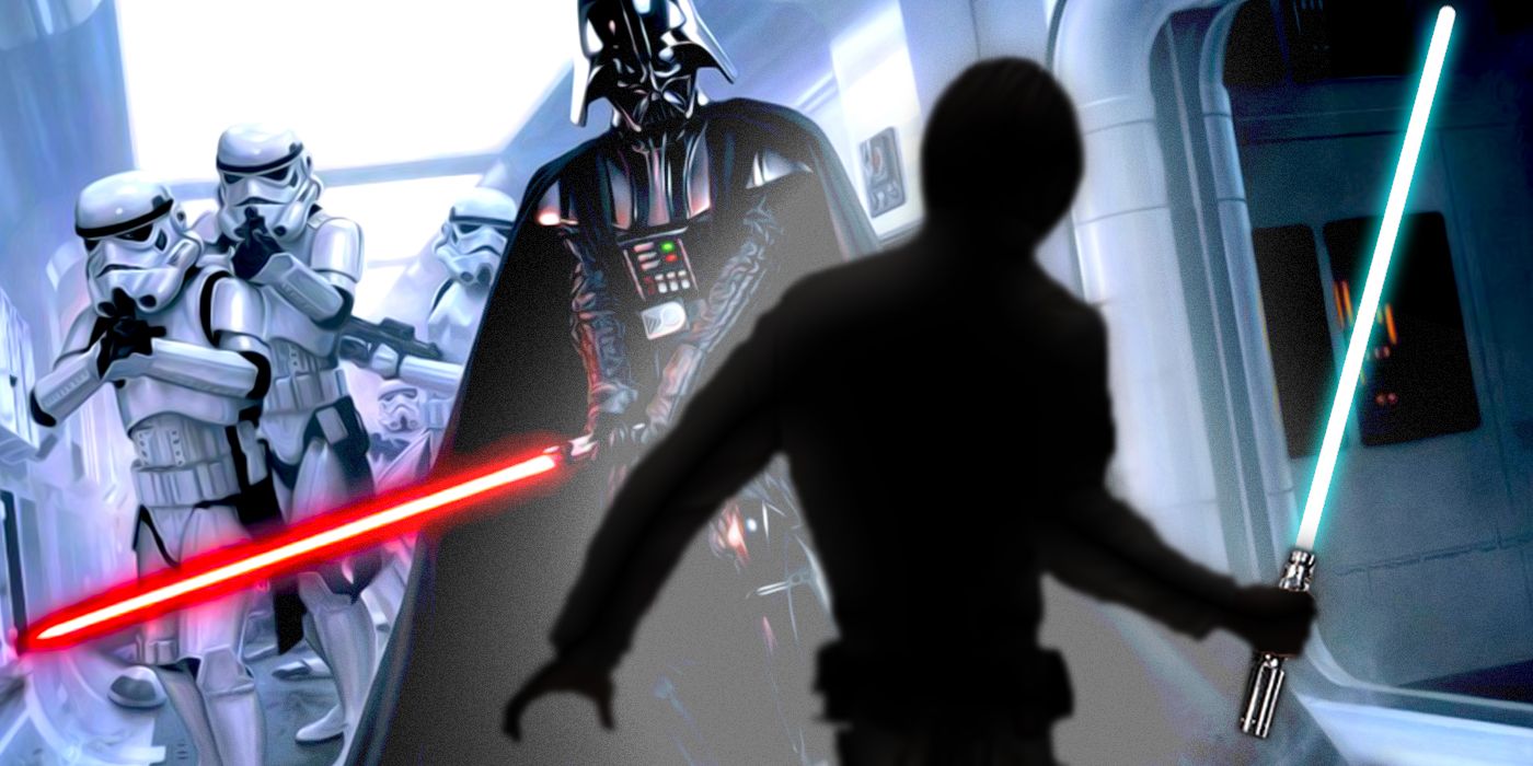 Darth Vader and his Stormtrooper army confront a shadowy figure with a blue lightsaber
