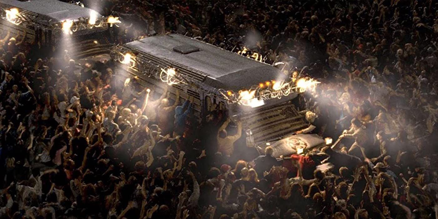 An armored bus moves through a horde of zombies in 2004's Dawn of the Dead