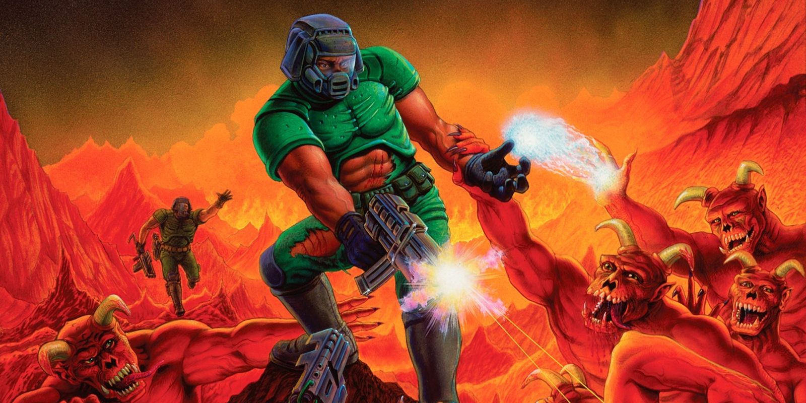 A solider fires in art from the Doom video game