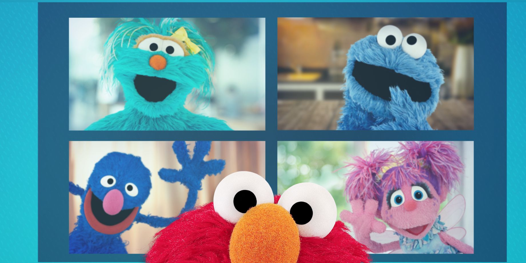 A zoom-call like interface showing Sesame Street characters