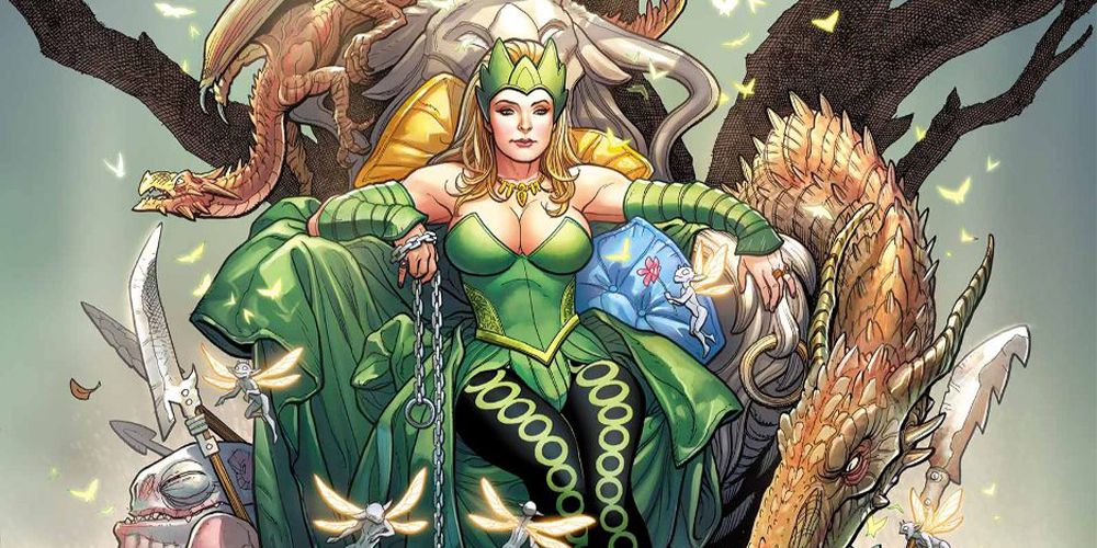 Enchantress sits on a fantasy throne in Marvel Comics