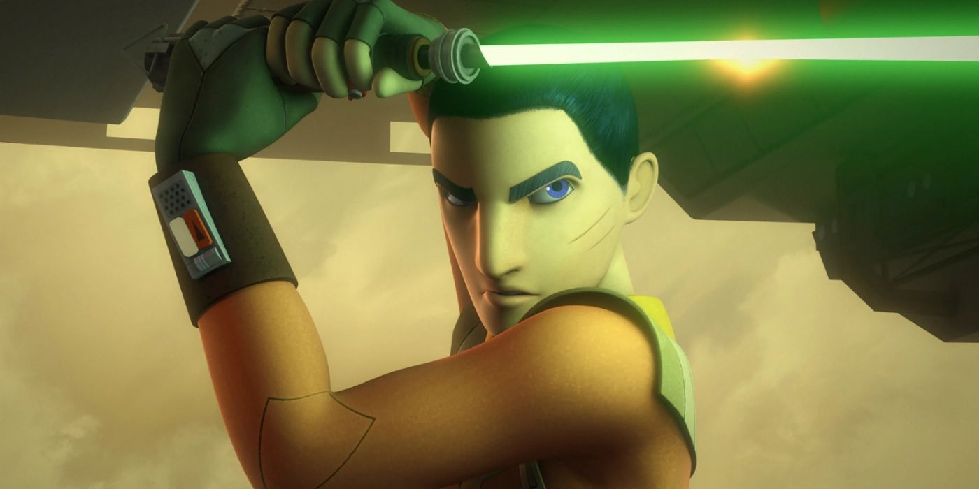 Ezra Bridger wielding a lightsaber from Star Wars Rebels