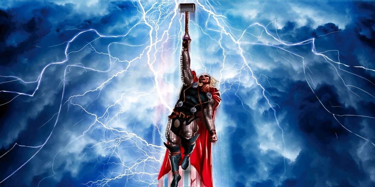 Thor flying into lightning-filled stormclouds in Marvel Comics