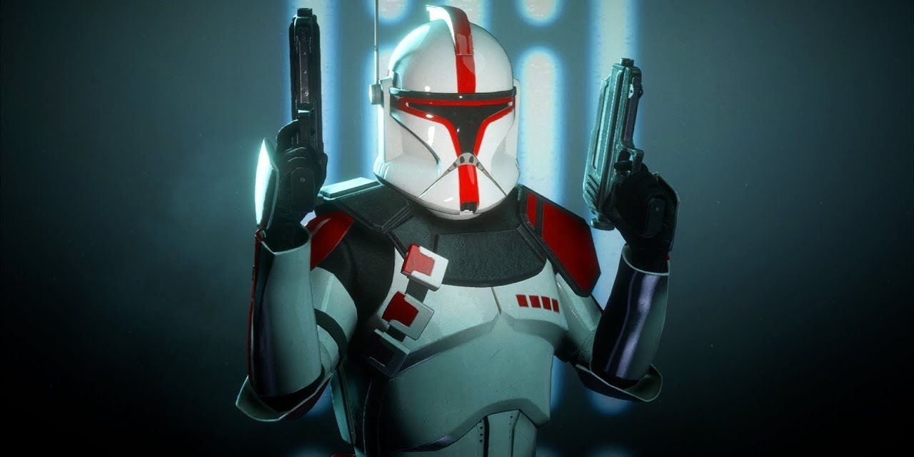 An image of Star Wars clone trooper, Fordo, with his duel blasters drawn.
