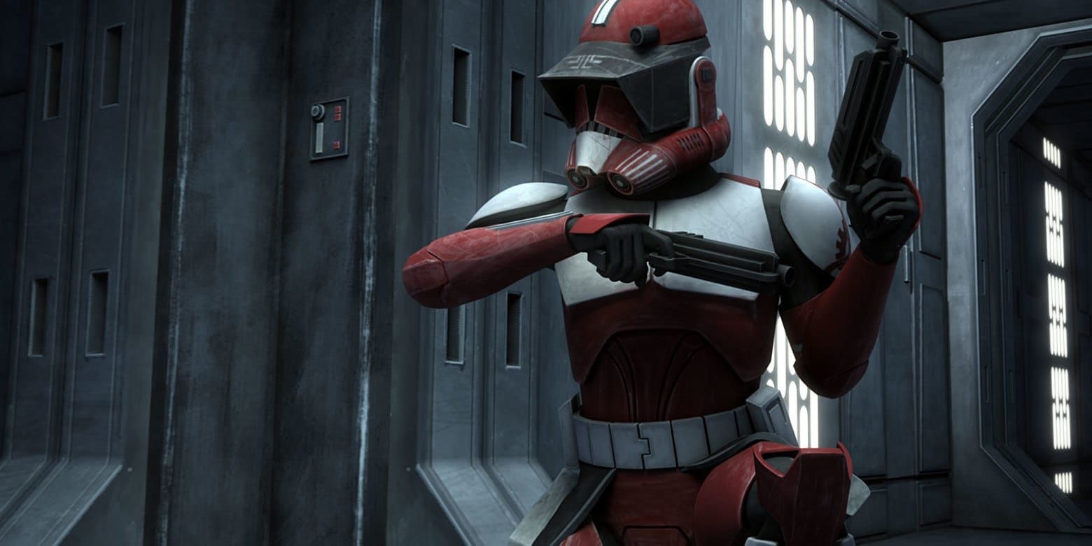 An image of Fox checking his radio in Star War: The Clone Wars