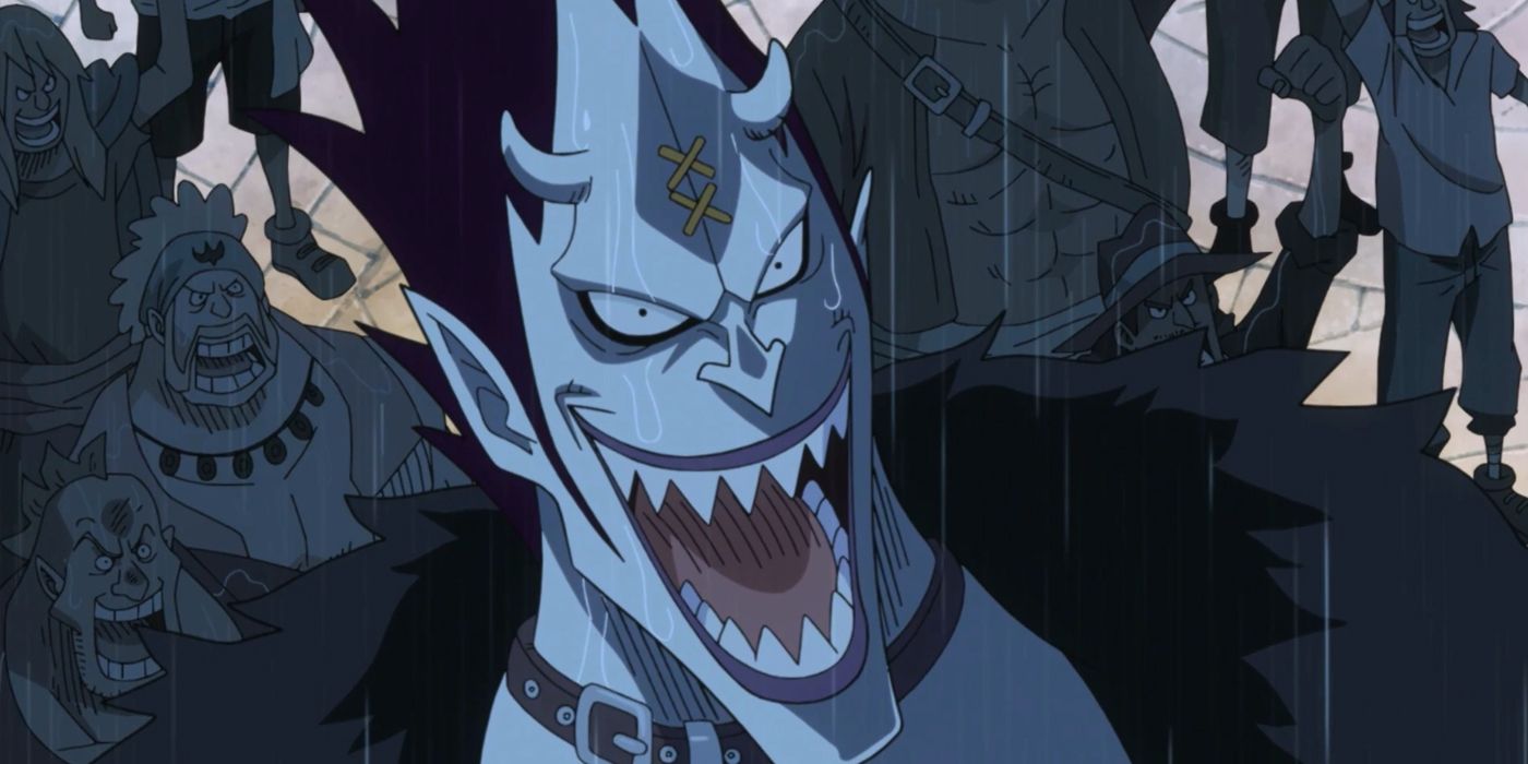 Um jovem Gecko Moria sorri maldosamente em One Piece.