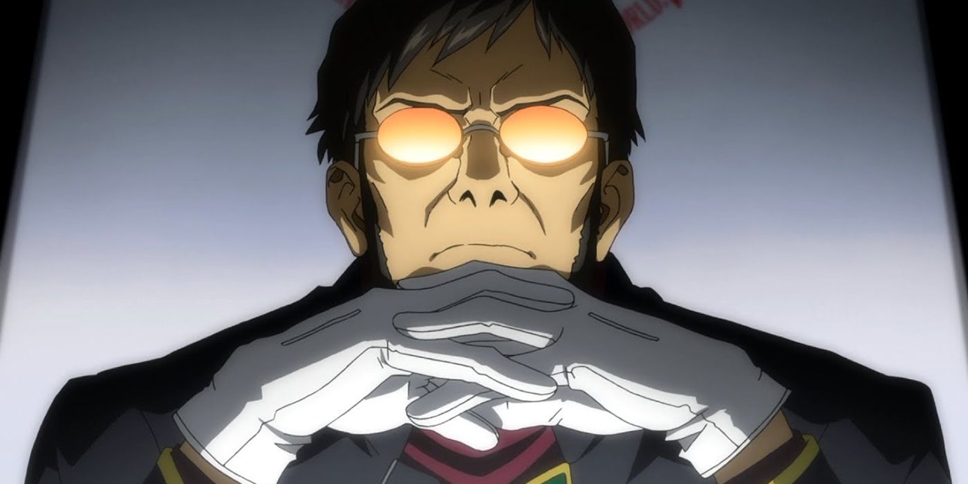 Gendo Ikari with crossed fingers and glowing glasses in Neon Genesis Evangelion.