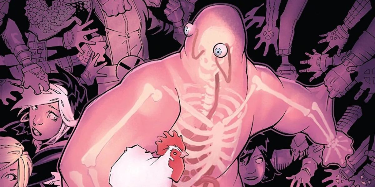 Glob Herman holding a chicken in Marvel Comics.