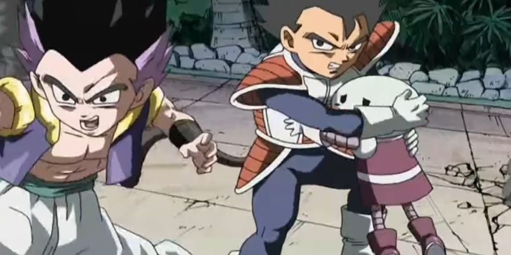 Gotenks defends Tarble and Gure in Dragon Ball Z Anniversary Special.