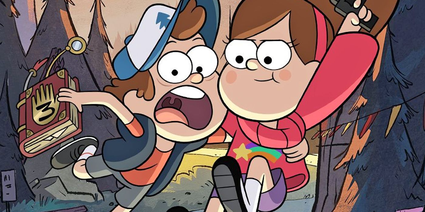 Mabel and her brother in the forest in Gravity Falls.