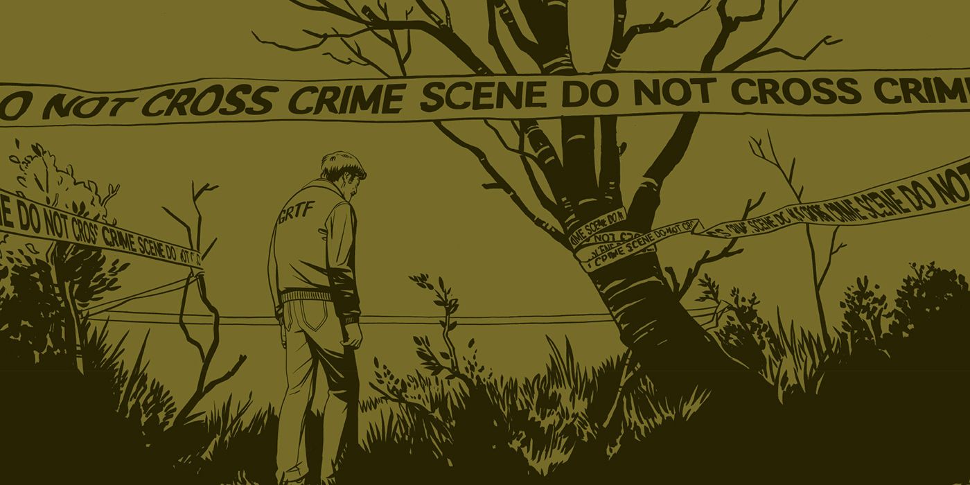 an illustrated man standing between a tree and a crime scene do not cross tape