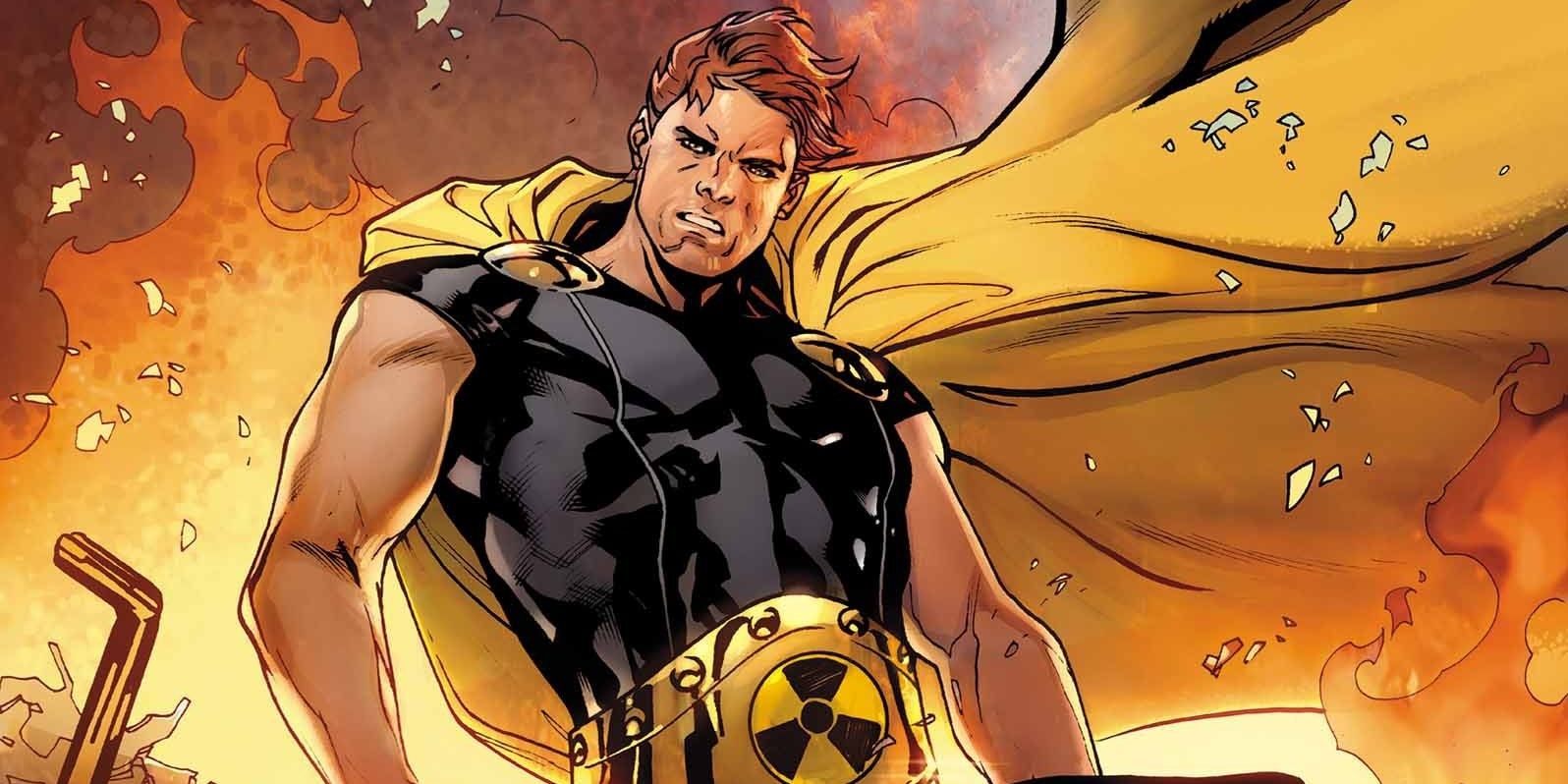Marvel Comic's Hyperion standing on a pile of burning rubble.