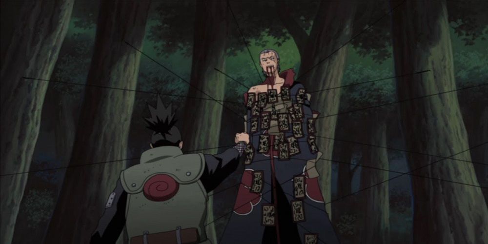 Shikamaru kills Hidan in forest