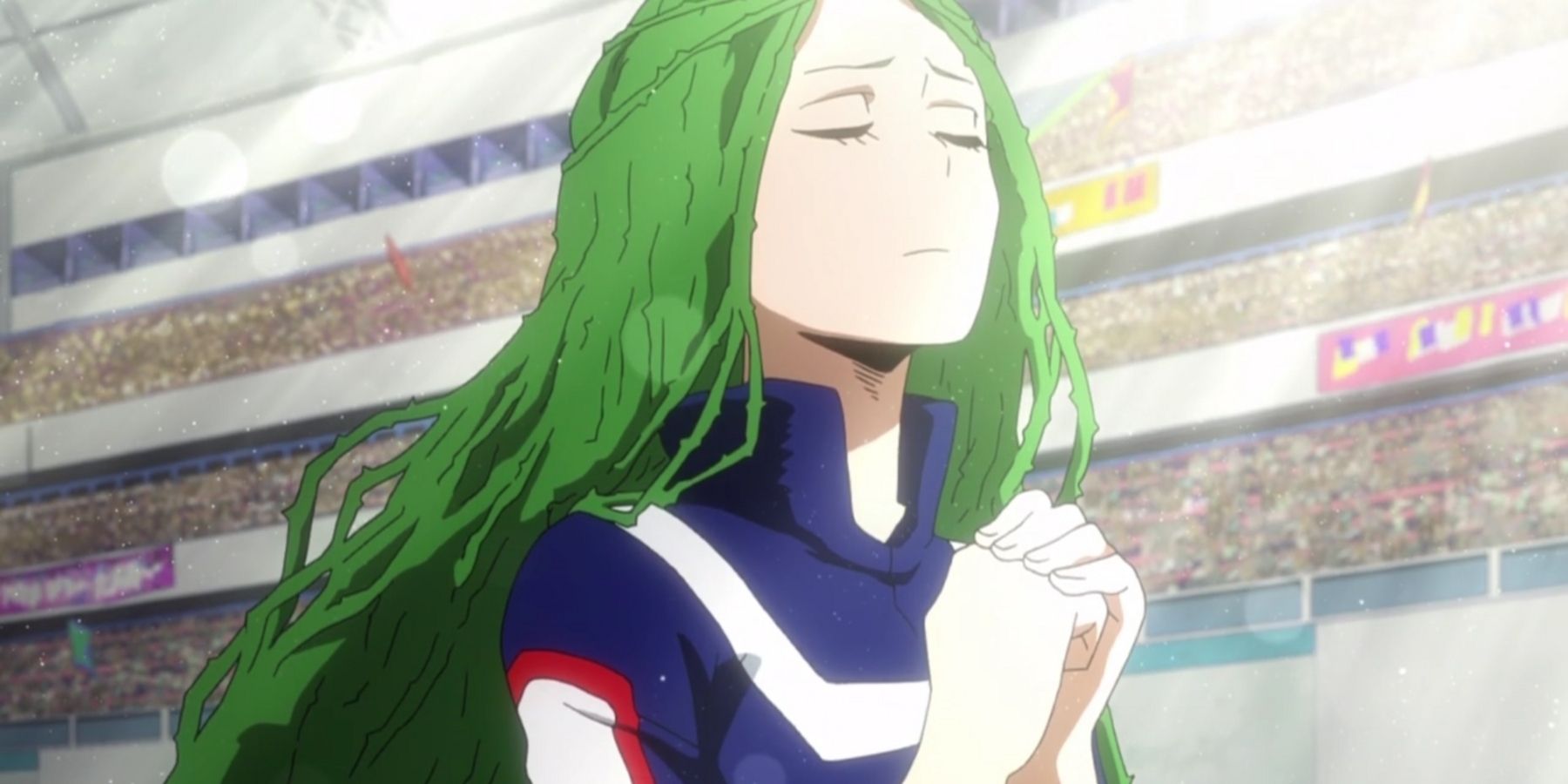 Ibara Shiozaki clasping her hands in the sunlight in My Hero Academia.