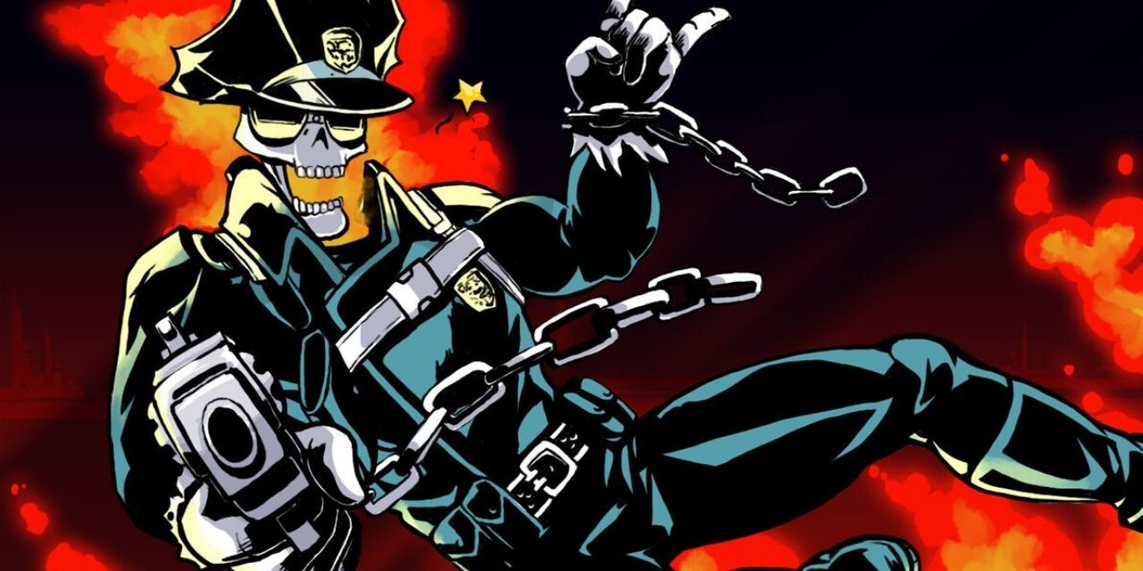 Inferno Cop jumping with a gun in hand in Inferno Cop.