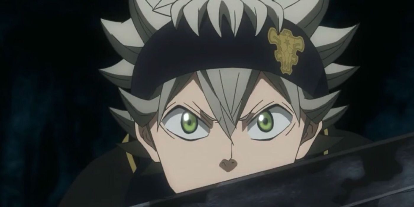 Asta wearing a headband and looking across the blade of his sword