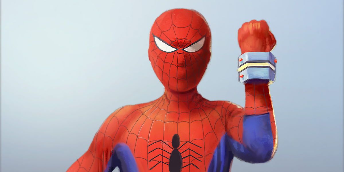 Japanese Spider-Man poses against a grey background, showing off the gadget on his wrist
