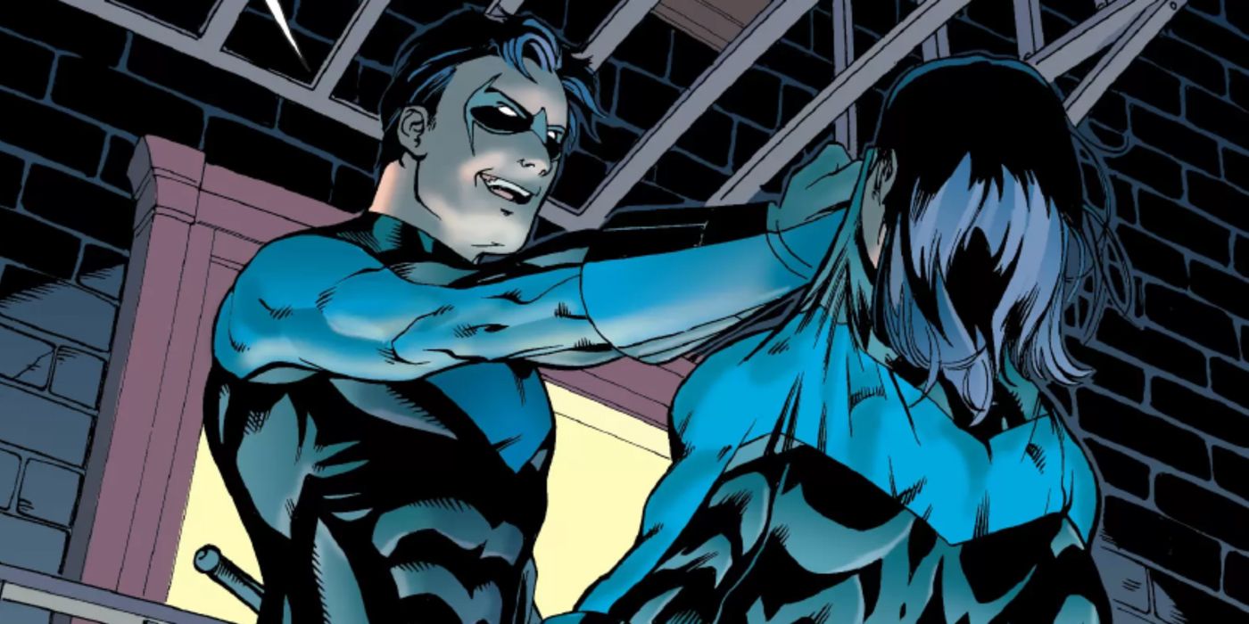 Jason Todd dressed as Nightwing fights Dick Grayson