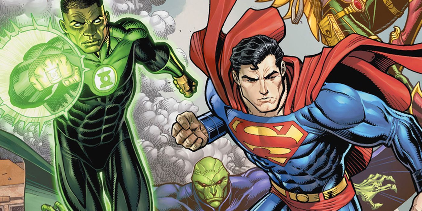 Green Lantern and Superman, Martian Manhunter in the background